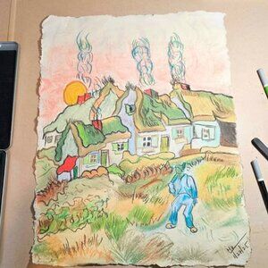 A Beatutiful Van gogh's village with figure soft pastels 12*16"  Painting